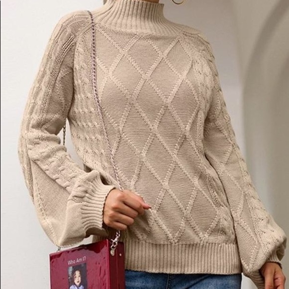 Sweaters - Mock Neck Bishop Sleeve Knit Sweater